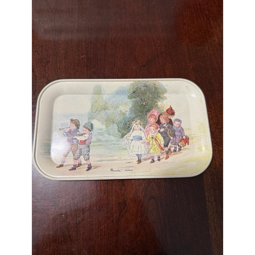 Vintage Massilly France Tin Trinket Key Jewelry Tray Cottage Rustic Provincial